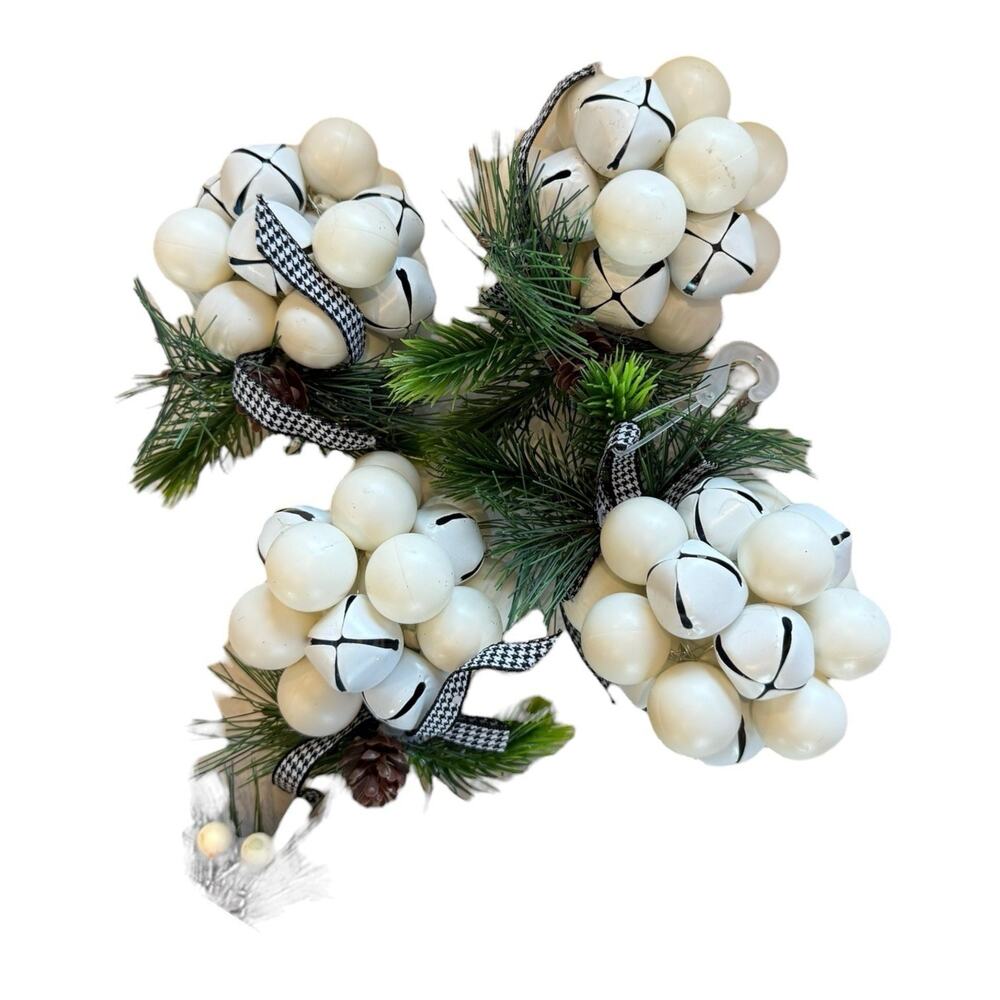 4 - 4" Rustic White Metal Jingle Bell Cluster Pinecone Black White Bow NWOT